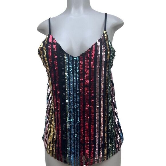 Crave Fame By Almost Famous Tank Top Women's Medium Rainbow Striped Sequined - Picture 1 of 15